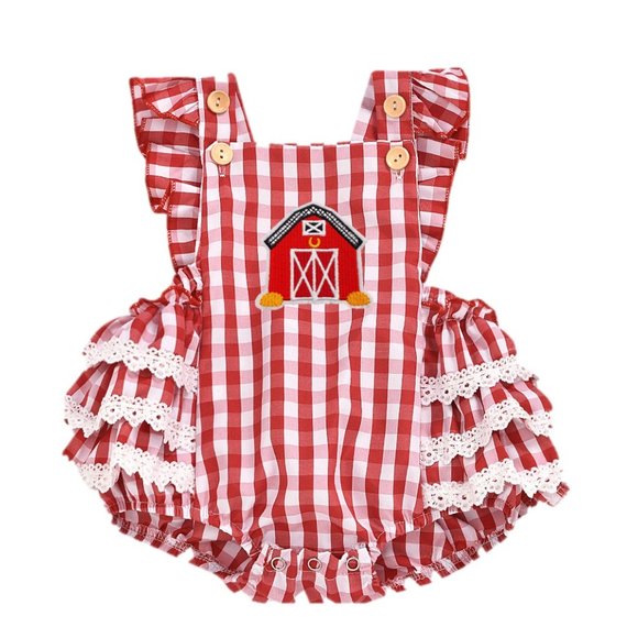 Farm Outfit Birthday Dress Romper First Birthday red gingham plaid clothes - Picture 1 of 10
